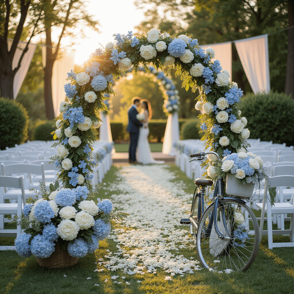 A romantic garden wedding ceremony featuring a floral arch with white roses and blue delphiniums, white chairs along a flower-strewn aisle, and a vintage blue bicycle adorned with blooms, all bathed in soft golden light.