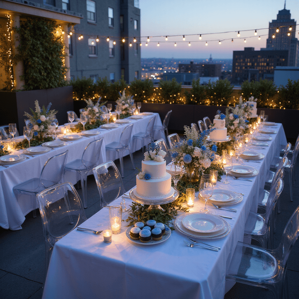 Intimate rooftop reception at twilight with long tables in white linens, low floral centerpieces of blue thistle and white lisianthus, twinkling fairy lights, ghost chairs, city lights backdrop, and a dessert table featuring a tiered white cake with blue flowers and macarons.