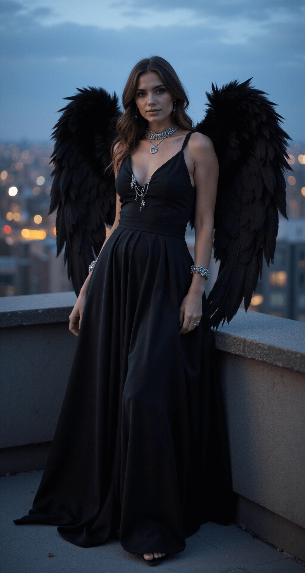 Model in a flowing black maxi dress with large feathered wings poses at twilight on a rooftop, city lights sparkling below, captured from a low angle to emphasize the dreamy atmosphere.