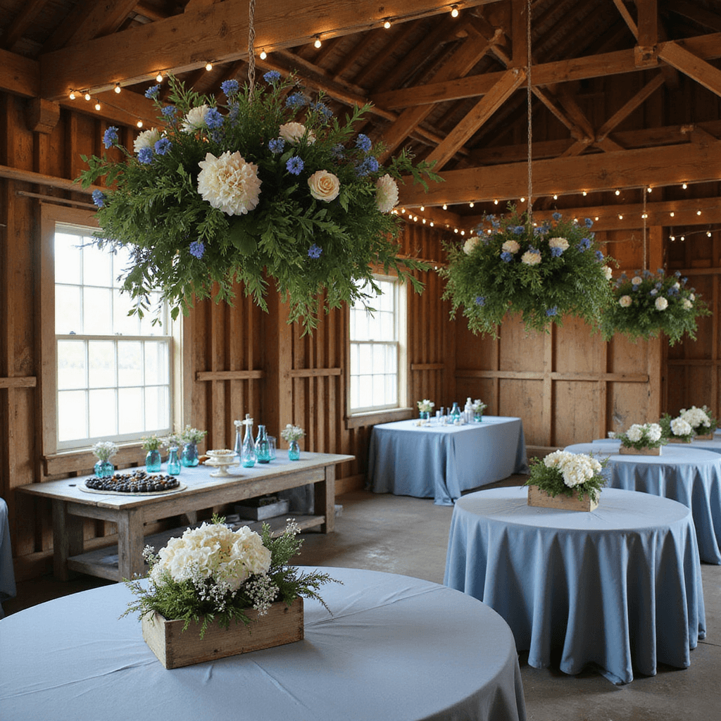 A rustic barn wedding reception with ambient lighting, featuring round tables draped in dusty blue linens and lush floral centerpieces in wooden boxes, hanging installations of baby's breath and blue muscari, a dessert cart with a naked cake topped with berries and blue thistle, vintage blue glass bottles with single flower stems, and fairy lights illuminating the space.