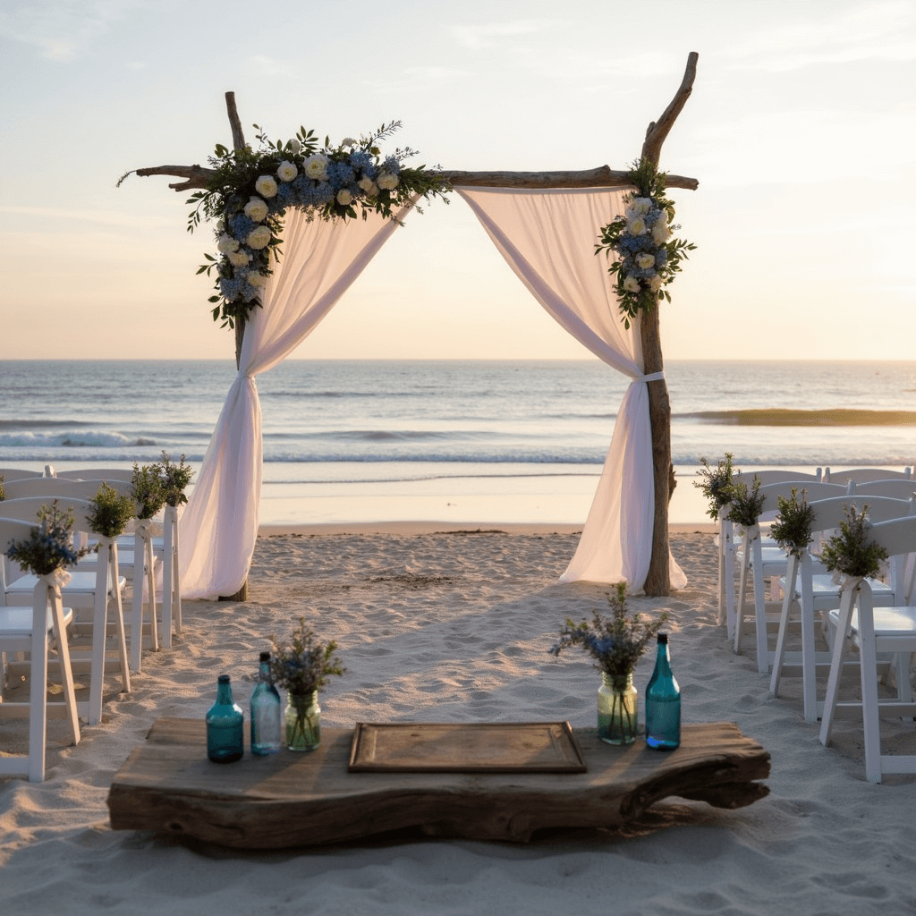 A serene beachfront wedding ceremony at sunrise, featuring a driftwood arch adorned with white fabric and floral arrangements, surrounded by white wooden chairs with muscari posies, and a weathered wood guest book with blue glass bottles.