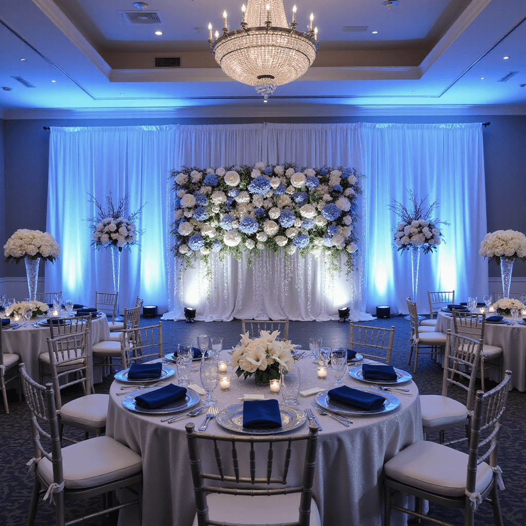 A luxurious winter wedding reception in a grand ballroom with shimmering silver table linens, tall floral centerpieces, ice blue uplighting, and a stunning photo backdrop of white roses and blue hydrangeas.