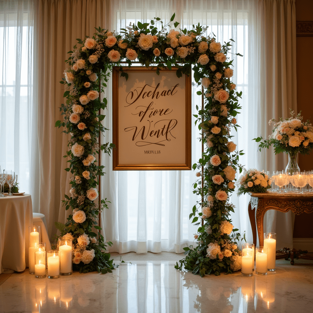 A grand ballroom entrance featuring a floral wedding welcome sign in an ornate gold frame, surrounded by blush roses, white peonies, and eucalyptus, with floating candles on the marble floor and hand-lettered place cards on a vintage console table.