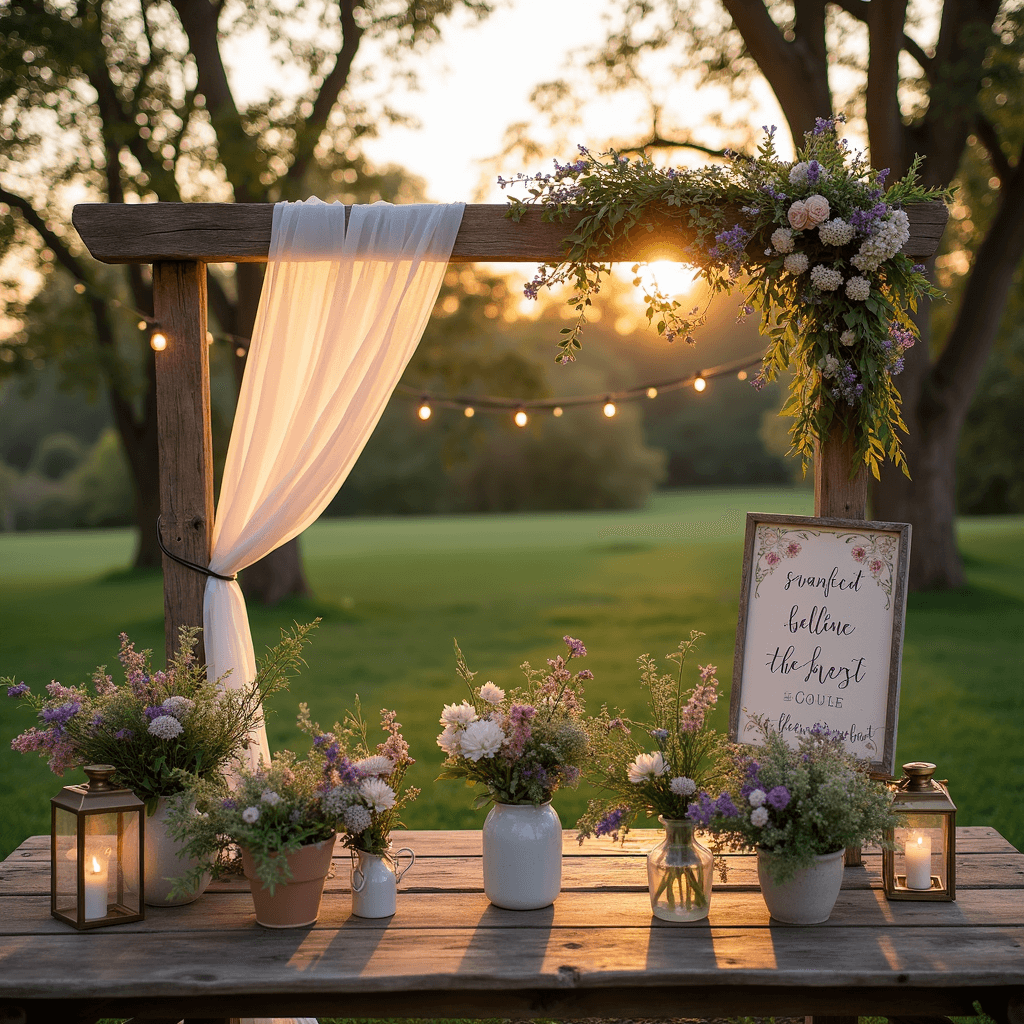 An intimate backyard wedding scene at golden hour, featuring a rustic wooden arch draped in chiffon and wildflowers, a hand-painted welcome sign, potted herbs, vintage lanterns, twinkling fairy lights, and a weathered farm table adorned with antique vases of freshly picked blooms.