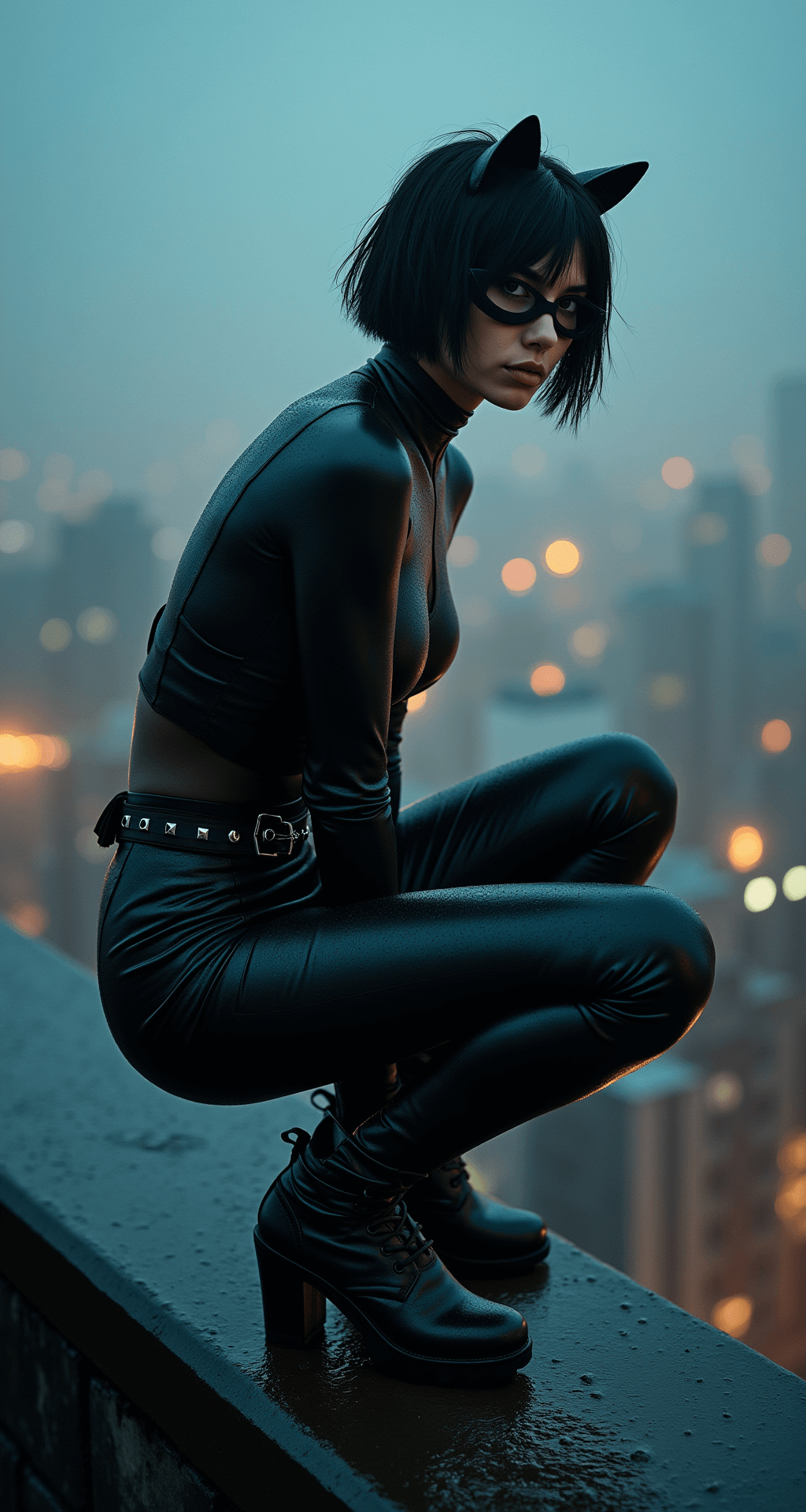 A modern antihero inspired by Zoë Kravitz crouches on a rooftop ledge in a matte black tactical catsuit. The backdrop features glittering city lights through fog, with a moody blue cast. The figure sports sleek leather boots and a utility belt with silver hardware, while textured short hair and smokey eye makeup peek beneath a modern cat mask. Water droplets on the leather enhance the dramatic shine. The composition is shot from a low angle with a 35mm lens.