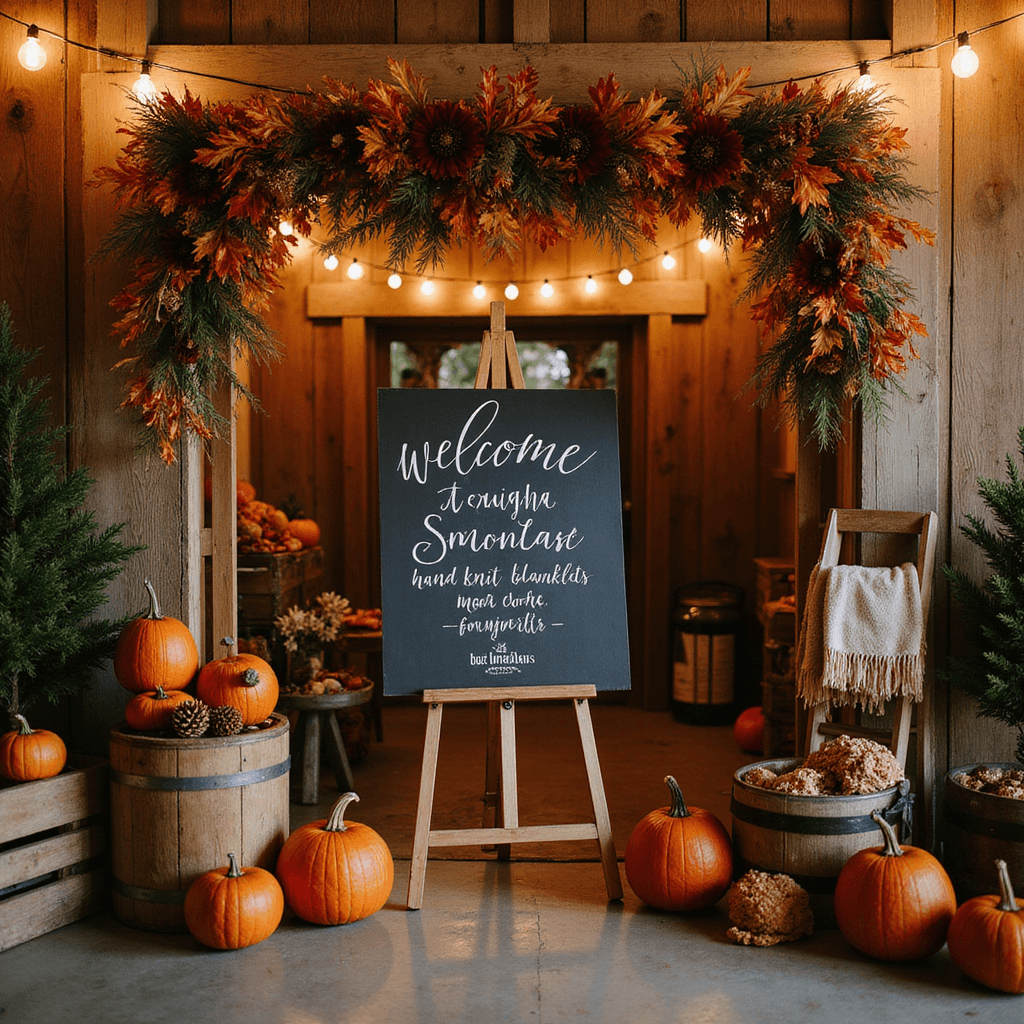 Cozy autumn barn wedding entrance adorned with string lights, a chalkboard welcome sign on an antique easel, surrounded by a garland of burgundy dahlias, orange maple leaves, and pampas grass, with wooden crates of heirloom pumpkins, a vintage ladder of hand-knit blankets, and a hot cider station.