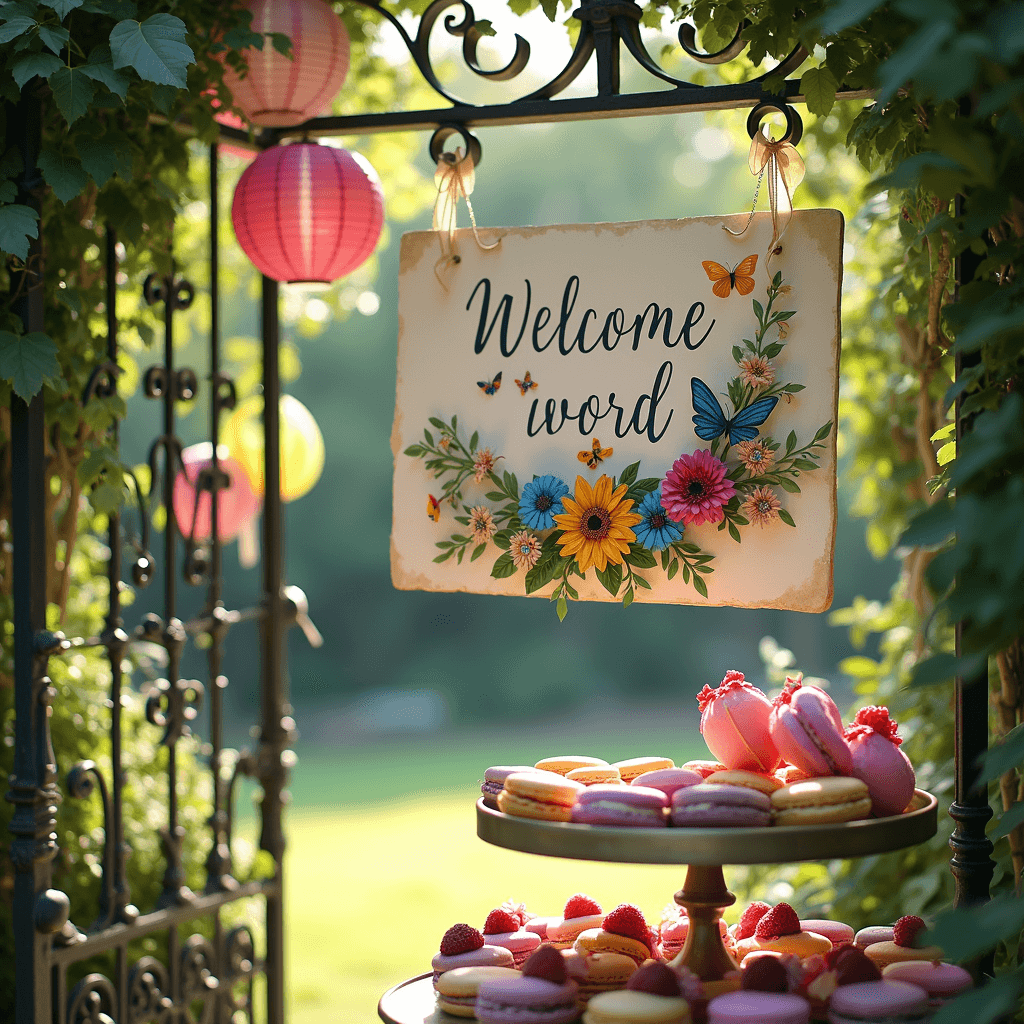 A whimsical garden party wedding scene featuring an ornate wrought-iron gate with a handcrafted welcome sign, adorned with a butterfly-themed floral arrangement. Colorful paper lanterns sway overhead, while a dessert cart in the foreground is filled with pastel macarons and fresh berries, bathed in dappled afternoon sunlight.