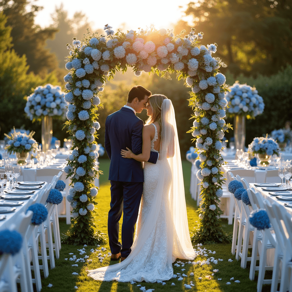A sunlit garden wedding ceremony featuring a floral arch with blue delphiniums and hydrangeas, white chairs with blue thistle bouquets lining a petal-strewn aisle, and tables adorned with crisp white linens and blue floral centerpieces.