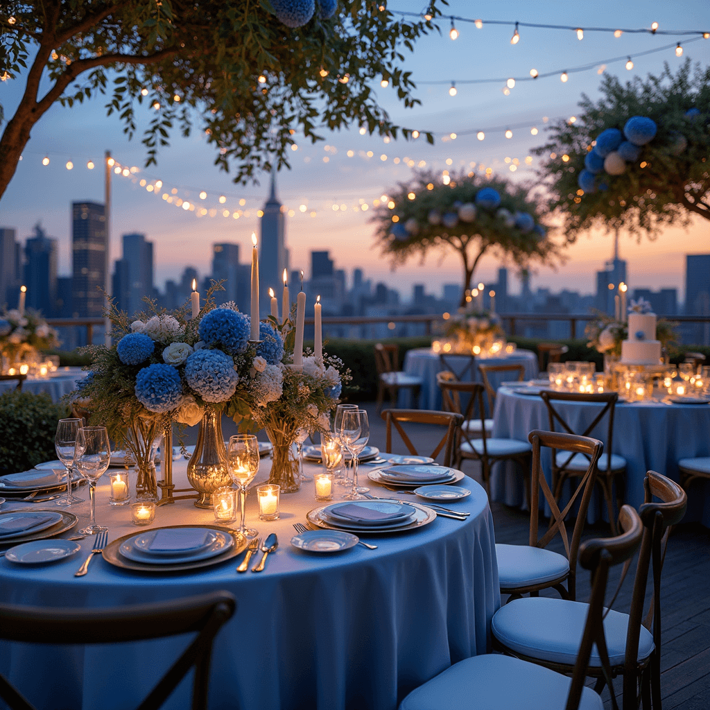 An intimate rooftop terrace reception features round tables with ice blue silk linens, lush floral centerpieces, and silver candelabras under twinkling fairy lights, with a sunset city skyline in the background. A dessert table showcases a tiered white cake adorned with fresh blue flowers, creating a cozy, romantic atmosphere.