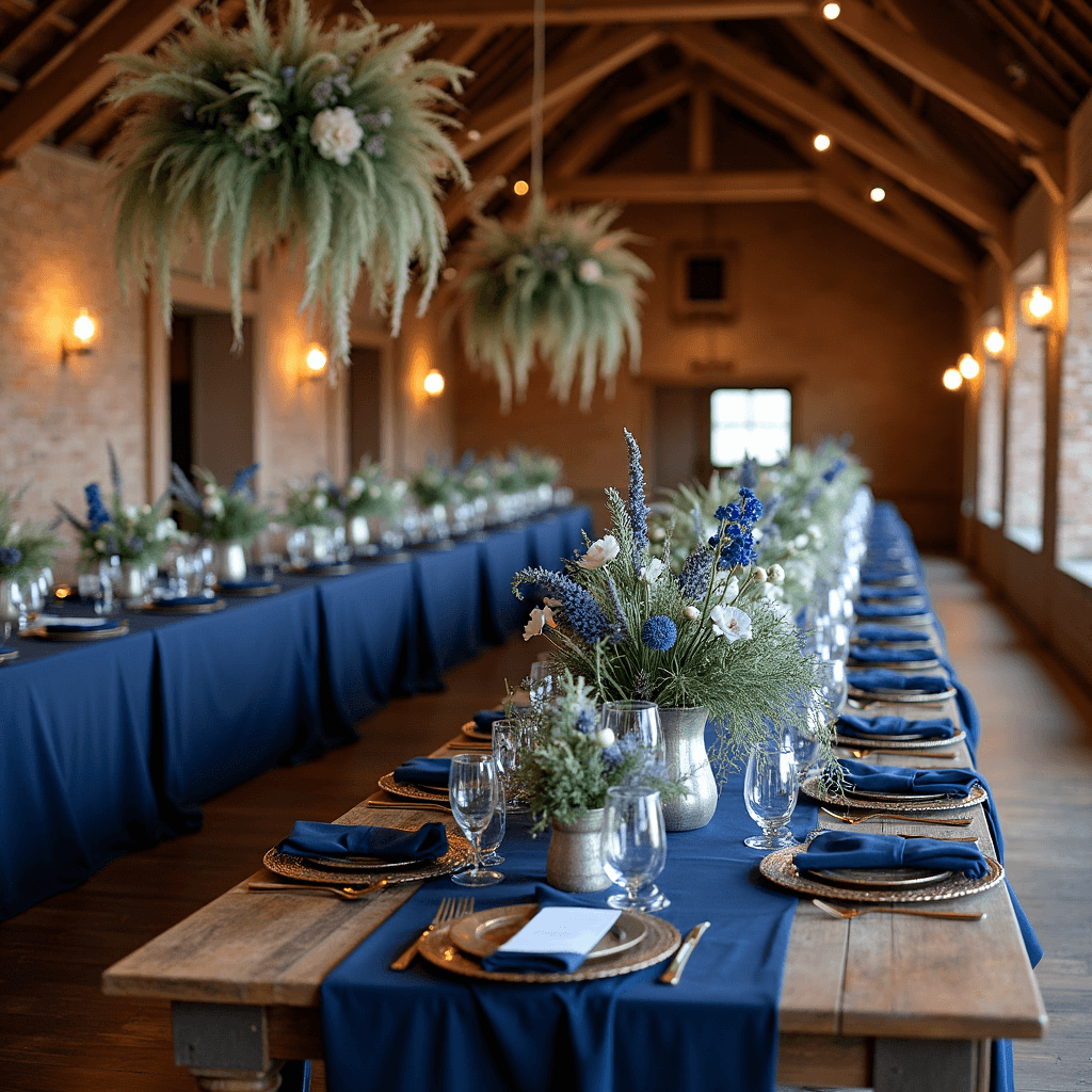 A transformed rustic barn for a winter wedding, featuring long wooden tables draped in rich navy linens, adorned with low floral arrangements of blue delphiniums, thistles, and white anemones in vintage silver vases. Velvet navy napkins and gold flatware enhance the luxe ambiance, while hanging installations of blue-tinted dried flowers and pampas grass create an enchanting canopy. Soft candlelight from hurricane lanterns flickers against the exposed brick walls, capturing the magical atmosphere of the event.