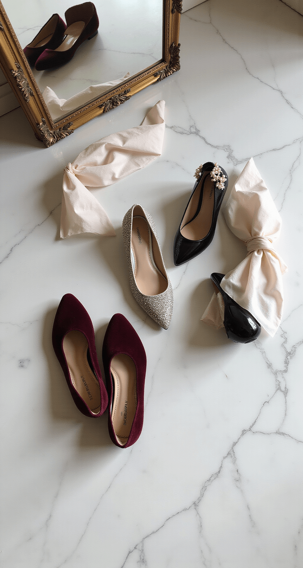 Flat lay of wedding guest shoes on a white marble floor, featuring burgundy velvet smoking slippers, silver crystal-embellished flats, and classic black pumps with pearl details, illuminated by soft morning light through a vintage mirror, with elegant packaging and tissue paper adding texture.