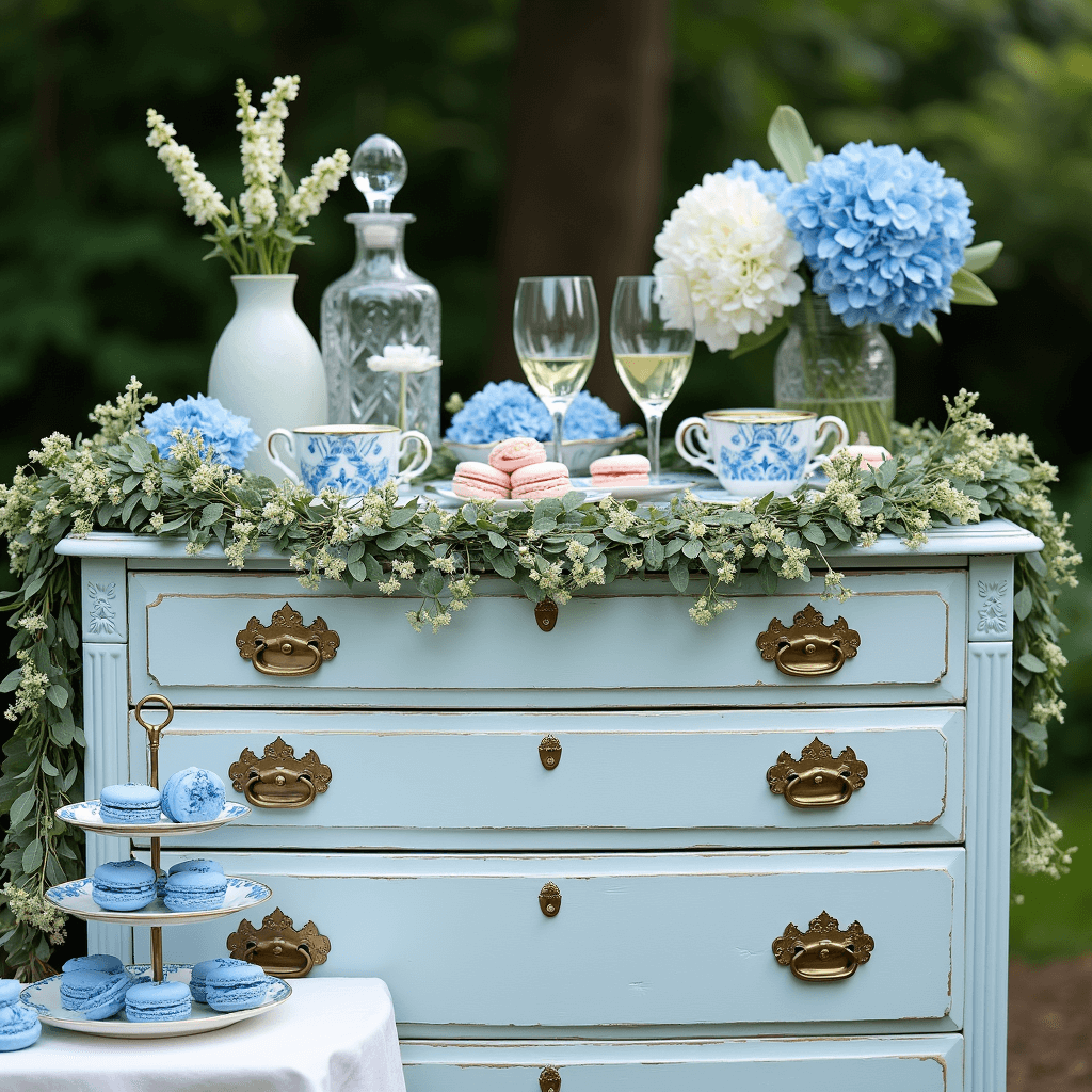 A whimsical garden bridal shower vignette featuring a vintage dresser mimosa bar adorned with cut crystal decanters, gold-rimmed coupes, and a lush garland of blue hydrangeas and muscari. Mismatched blue and white china teacups filled with single stem blue flowers surround the dresser, while a tiered cake stand showcases blue and blush macarons, all captured in close-up to emphasize the intricate details and dreamy color palette.