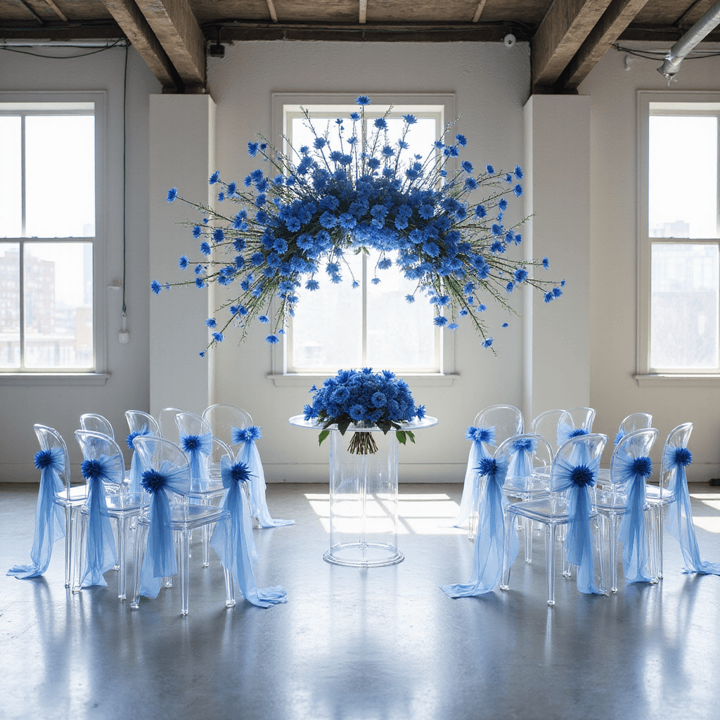 A modern minimalist ceremony space featuring a dramatic floral installation of blue delphiniums and thistles suspended mid-air, with ghost chairs arranged in a semi-circle, each adorned with a single stem of blue delphinium and silk ribbon, all set on a polished concrete floor under floor-to-ceiling windows, with an overhead view emphasizing the circular layout and striking floral focal point.