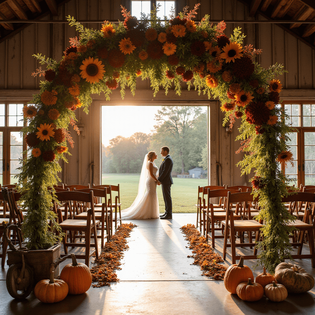 A wide-angle shot of a golden hour outdoor wedding ceremony in a rustic barn, featuring rows of wooden chairs adorned with burgundy dahlias and sunflowers, a grand floral arch with autumn blooms, and a vintage cart with pumpkins and gourds in the foreground.