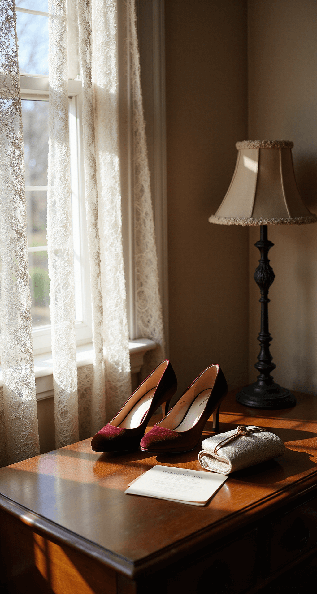 A cozy fall wedding preparation scene featuring rich jewel-toned velvet pumps and metallic heels on an antique dresser, illuminated by autumn afternoon light filtering through lace curtains, with a wedding invitation and clutch bag adding elegance amidst textured velvet and brocade elements.