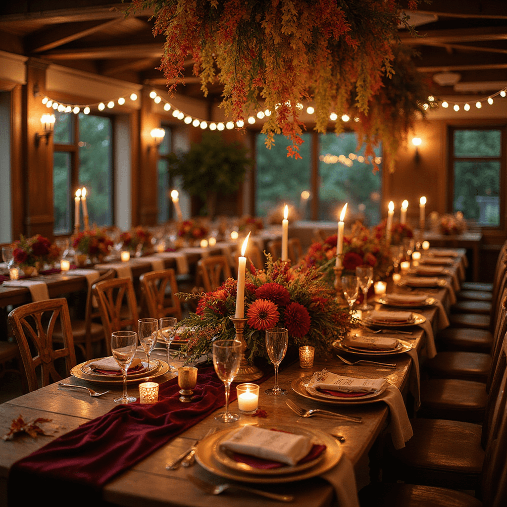Intimate indoor reception with candlelight, featuring a long farmhouse table set with burgundy runners, gold chargers, and crystal stemware. Lush autumnal centerpieces of dahlias and amaranth, surrounded by vintage brass candleholders and scattered leaves, under a canopy of fairy lights and dried floral installations.