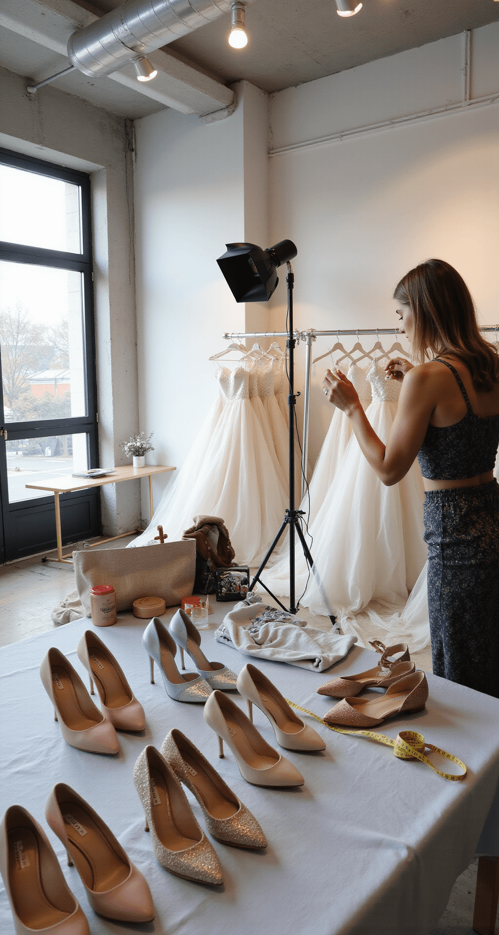 Behind-the-scenes view of a modern bridal boutique featuring a styling session with wedding guest shoes arranged by season, illuminated by a mix of professional lighting and natural skylight, showcasing spring/summer pastels and fall/winter deeper tones, with styling tools and measurement tape visible.