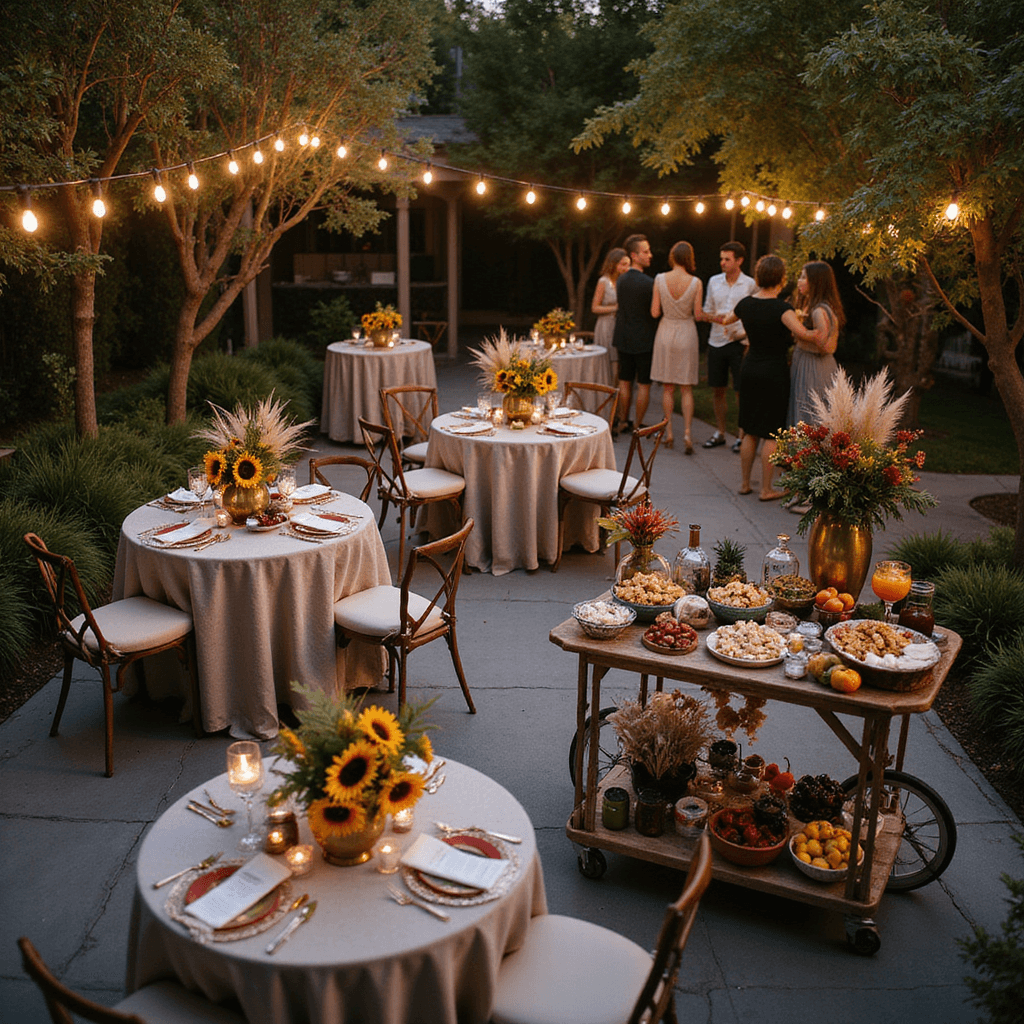 An overhead view of a whimsical cocktail hour at twilight, showcasing a patio with bistro lights, high-top tables with unique centerpieces of sunflowers and pampas grass, and a lavish grazing table filled with autumn fruits and cheeses, as guests mingle around a mobile bar cart.