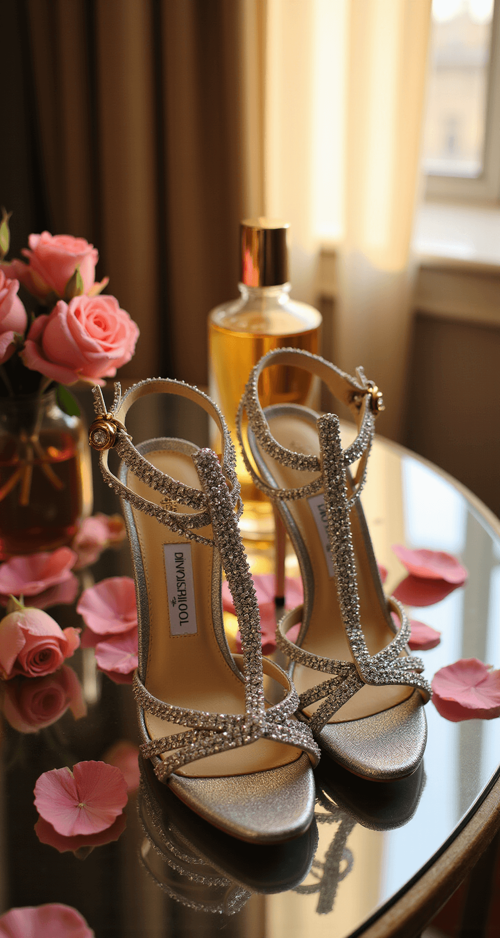 Close-up of silver Jimmy Choo Verity 100 sandals on a mirrored vanity, surrounded by rose petals and vintage perfume bottles, illuminated by warm golden hour light that highlights their crystalline embellishments.