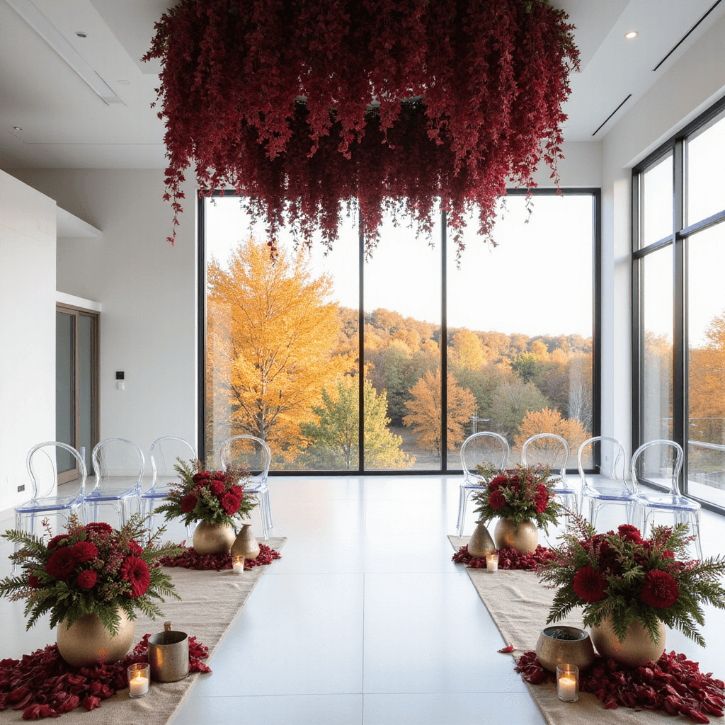 A modern ceremony space with floor-to-ceiling windows highlighting an autumn landscape, featuring a monochrome burgundy floral installation cascading from the ceiling, ghost chairs with sheer fabric runners, and a simple altar adorned with oversized dahlia arrangements in metallic geometric vases.
