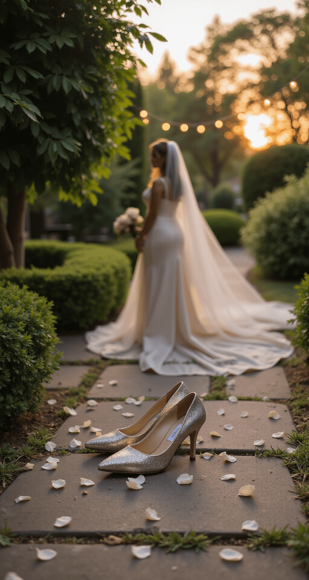 A low-angle view of a bride in a flowing silk gown wearing Jimmy Choo Scarlett 50 heels, standing on a stone pathway sprinkled with white rose petals, surrounded by lush greenery and illuminated by soft bokeh from string lights at sunset.