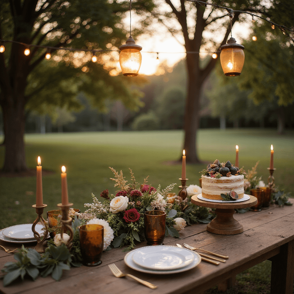 Cozy backyard micro-wedding setup at golden hour featuring a sweetheart table for two under a tree canopy with hanging lanterns, adorned with a floral runner, amber glass candle holders, and a small tiered cake decorated with figs and flowers, surrounded by twinkling bokeh lights.