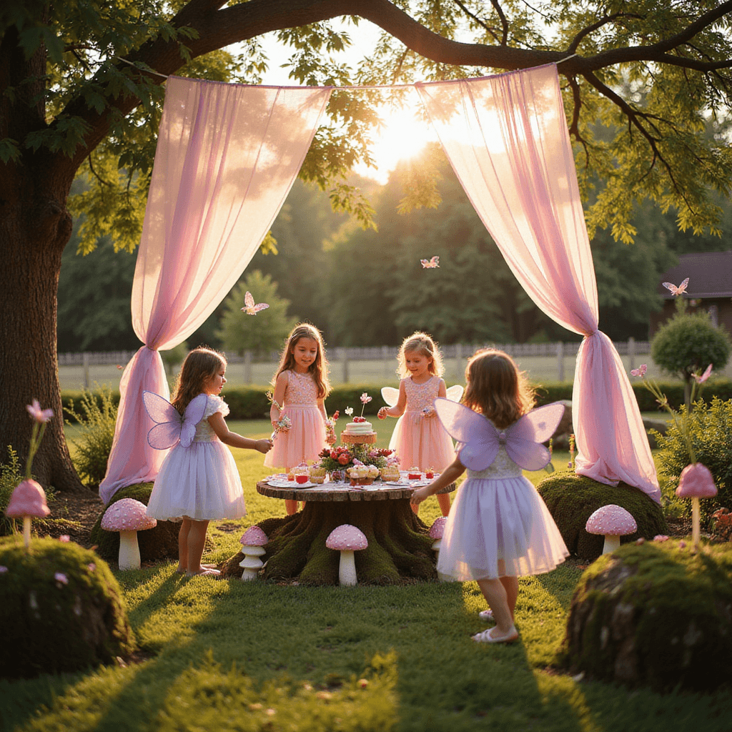 A whimsical fairy-themed birthday party in a sunlit garden, featuring twinkling fairy lights, pastel tulle draped from branches, a dessert table with glitter-dusted cupcakes, and children in handmade fairy wings dancing around oversized toadstools, all bathed in warm golden hour light.