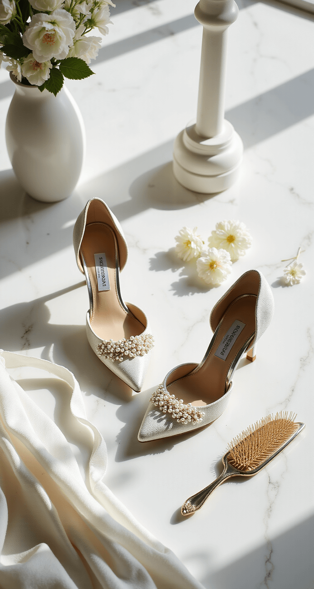 Stylish overhead view of a modern minimalist bridal suite featuring Jimmy Choo Amita 45 mid-heels with pearl embellishments, a vintage hairbrush, silk ribbon, and scattered white flowers on a white marble surface, illuminated by natural light from floor-to-ceiling windows.
