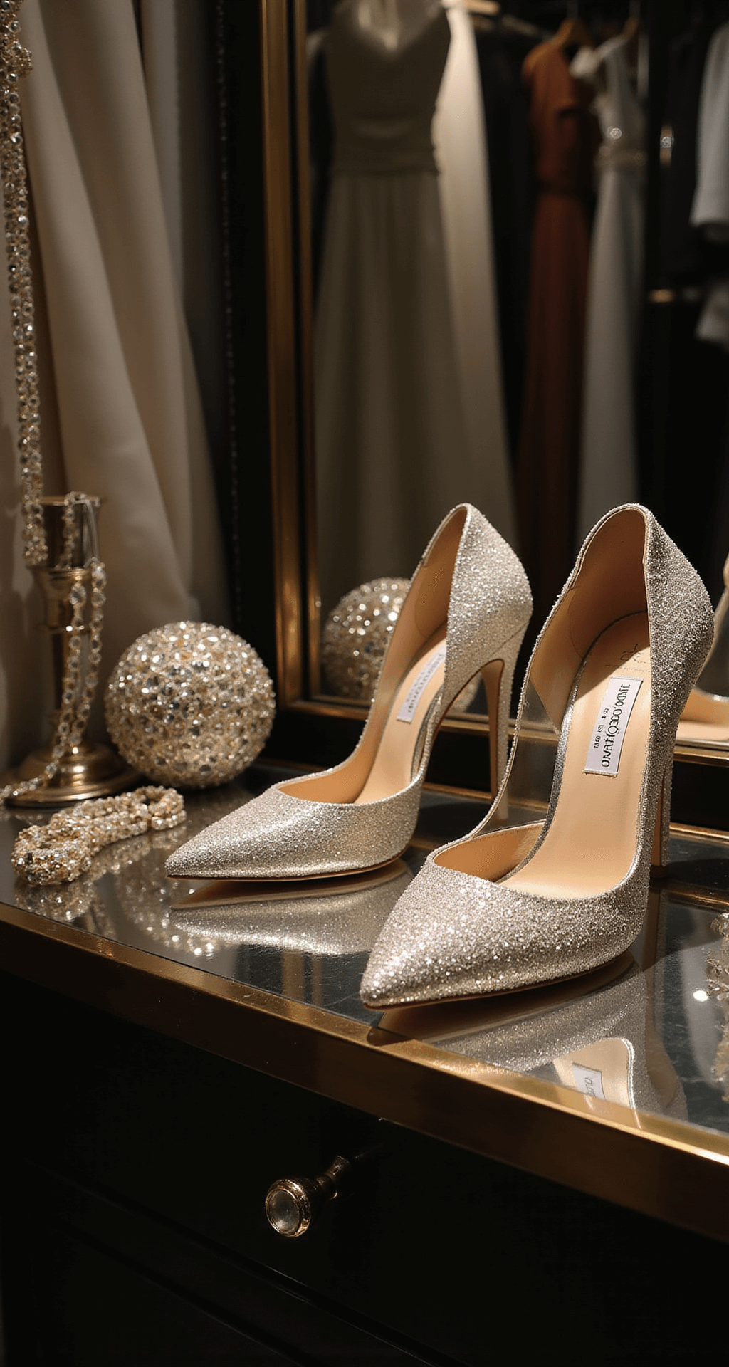 Close-up of custom crystal-embellished Jimmy Choo Anise 95 heels on a mirrored shelf in a luxurious walk-in closet, surrounded by designer wedding accessories, illuminated by dramatic evening lighting with soft spotlight highlighting details against moody shadows.