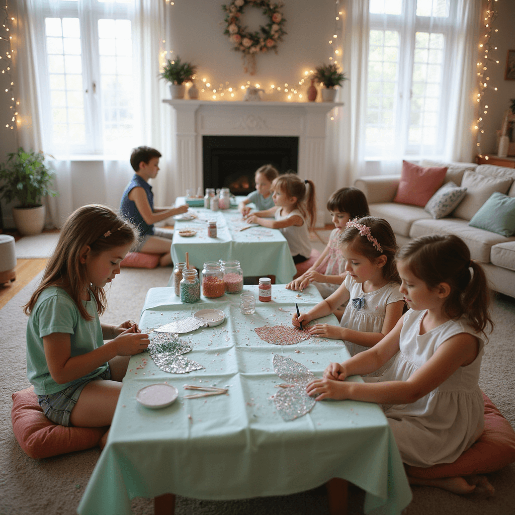 A cozy living room transformed into a fairy wing workshop, with children decorating wings on mint green tables, surrounded by glitter, sequins, and soft morning light. Close-up of small hands applying glitter to delicate wings, showcasing their creativity and concentration.