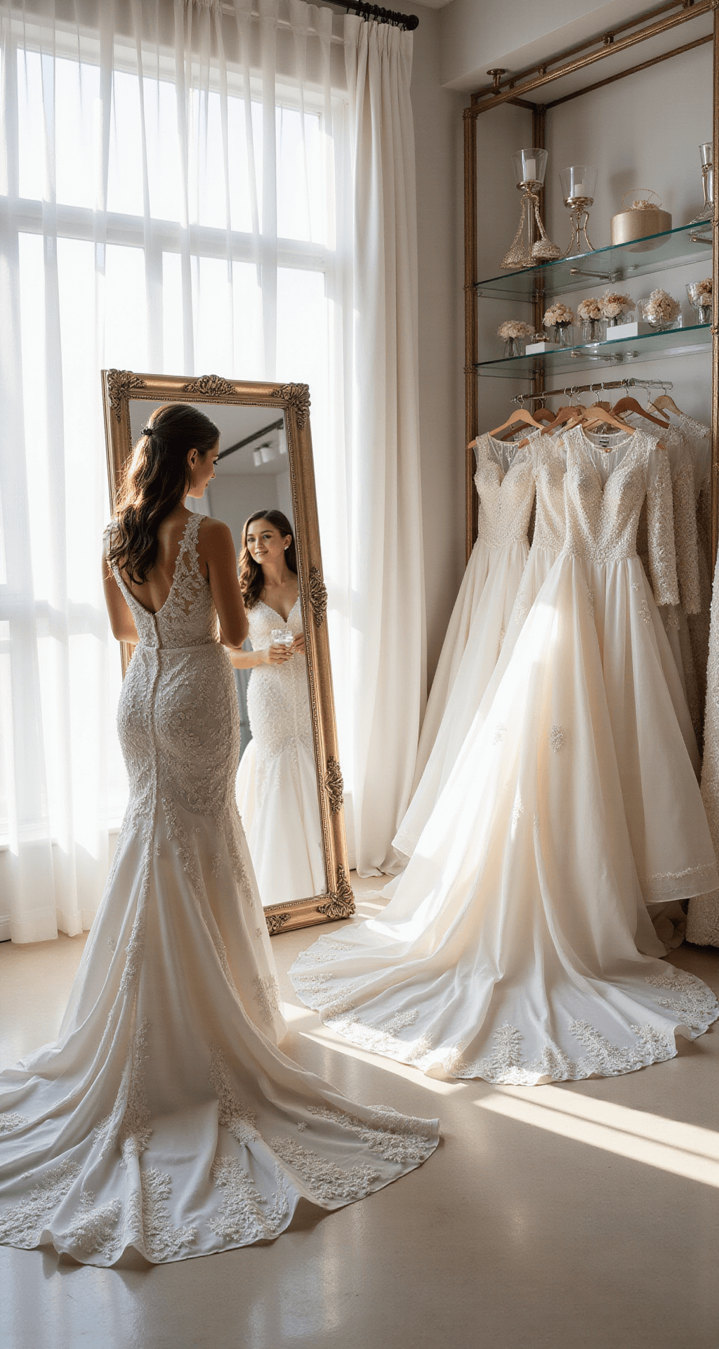 A bride in a bright bridal boutique examines details of her gown in a floor-length mirror, surrounded by the Pearl Edit collection on elegant glass shelving, with natural daylight and studio lighting creating an ethereal atmosphere.