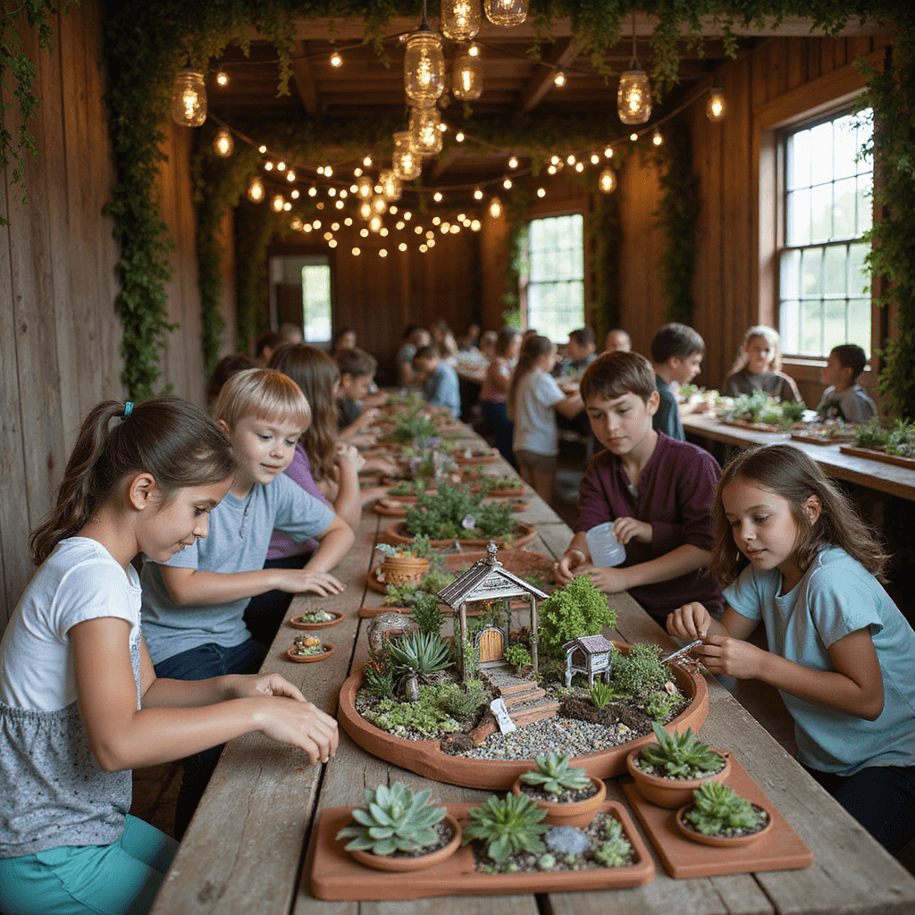 A vibrant barn scene showcasing children assembling fairy gardens with tiny succulents and colorful pebbles on rustic wooden tables, illuminated by warm firefly lights in mason jars, surrounded by weathered wood and lush greenery.