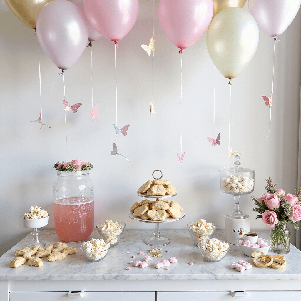 An overhead view of a fairy-themed dessert display featuring a tiered stand of butterfly cookies, glass bowls of 'fairy dust' popcorn, and a crystal punch dispenser with pink lemonade, all set on a marble countertop in a modern apartment. Iridescent balloons with paper butterfly accents float above, alongside a DIY flower crown station for guests. The arrangement showcases geometric patterns and soft pastel colors against a white backdrop.