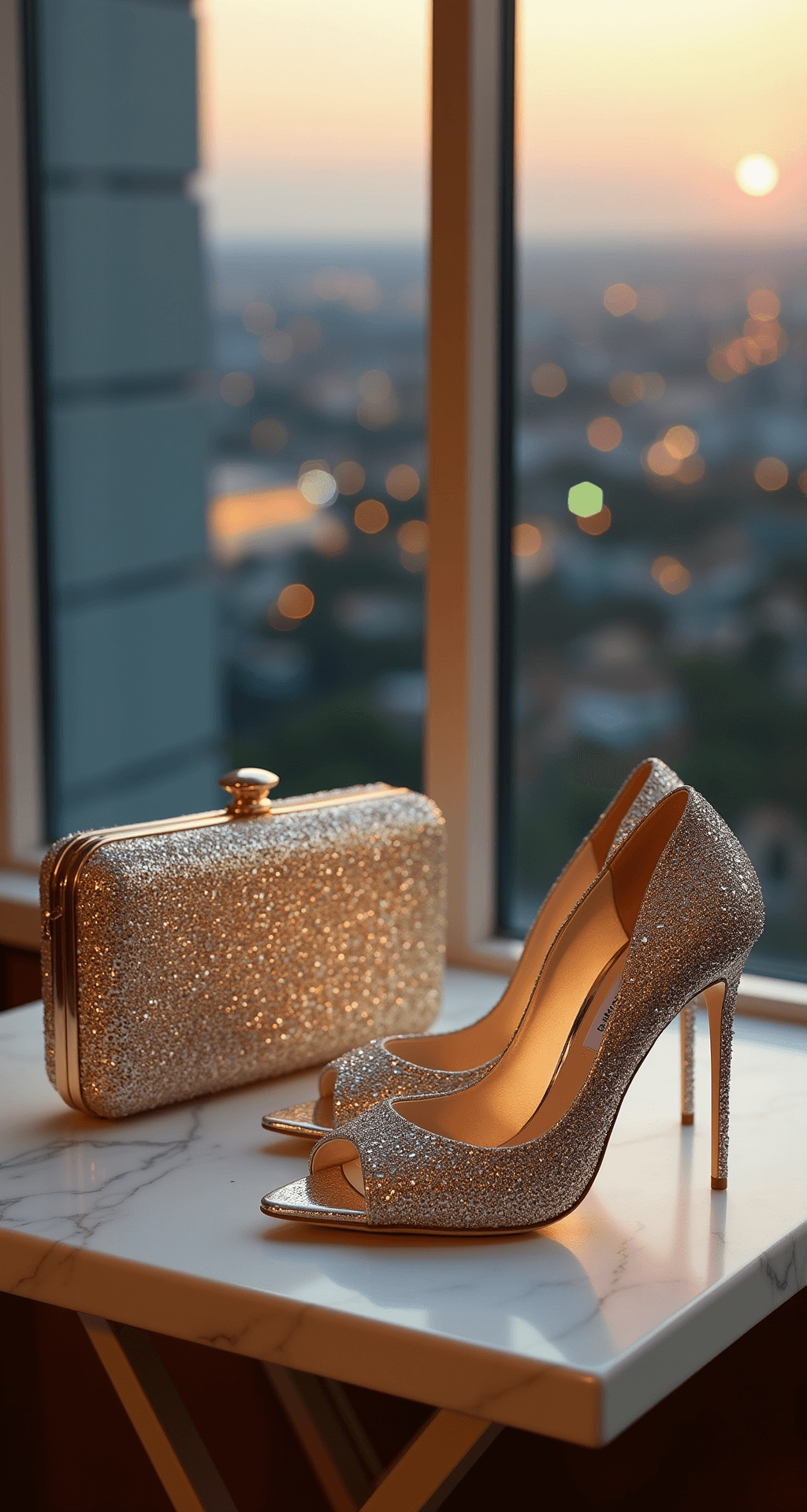 A stunning contemporary hotel balcony at dusk, featuring matching Jimmy Choo bridal shoes and a clutch on a white marble table. The shoes, adorned with metallic accents and crystal details, catch the last rays of sunlight, while city lights twinkle in the background, all captured with dramatic depth of field.