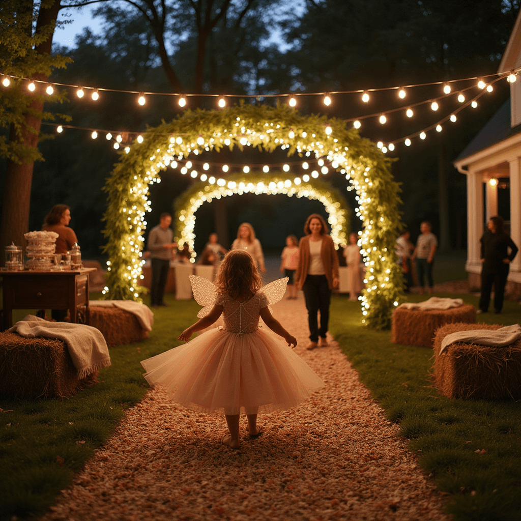 A whimsical twilight scene of a children's fairy costume parade in an enchanted backyard, with twinkling lights overhead, a flower petal runway, and parents on hay bales, as a laughing child spins in a dazzling costume, wings aglow from the soft lighting.