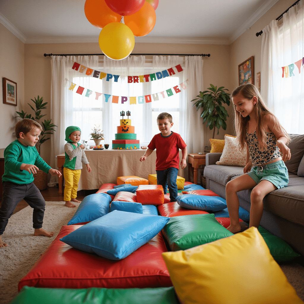 A colorful Roblox-themed birthday party in a cozy living room, featuring a DIY obstacle course made of foam blocks in the foreground, a dessert table with a pixelated banner and birthday cake, bright balloons, and children in costumes playing excitedly.
