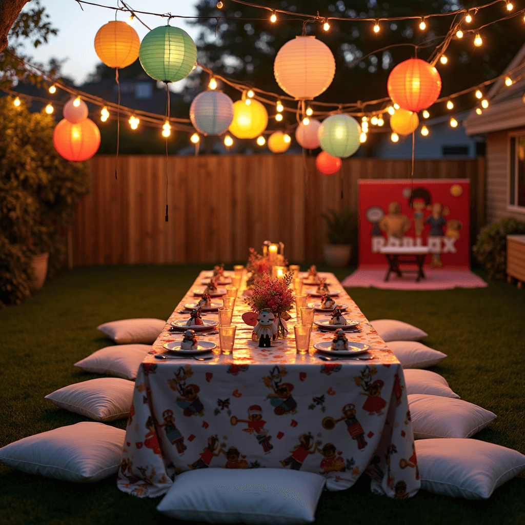 An enchanting backyard scene during golden hour featuring a long picnic table adorned with a Roblox-themed tablecloth, surrounded by low cushions. Strings of fairy lights and colorful paper lanterns hang overhead, while the table showcases themed plates, cups, and centerpieces with miniature Roblox characters. A DIY photo booth with a digital Roblox game backdrop and prop masks is visible nearby, all bathed in soft, warm lighting that highlights the textures and helium-filled balloons at each setting.
