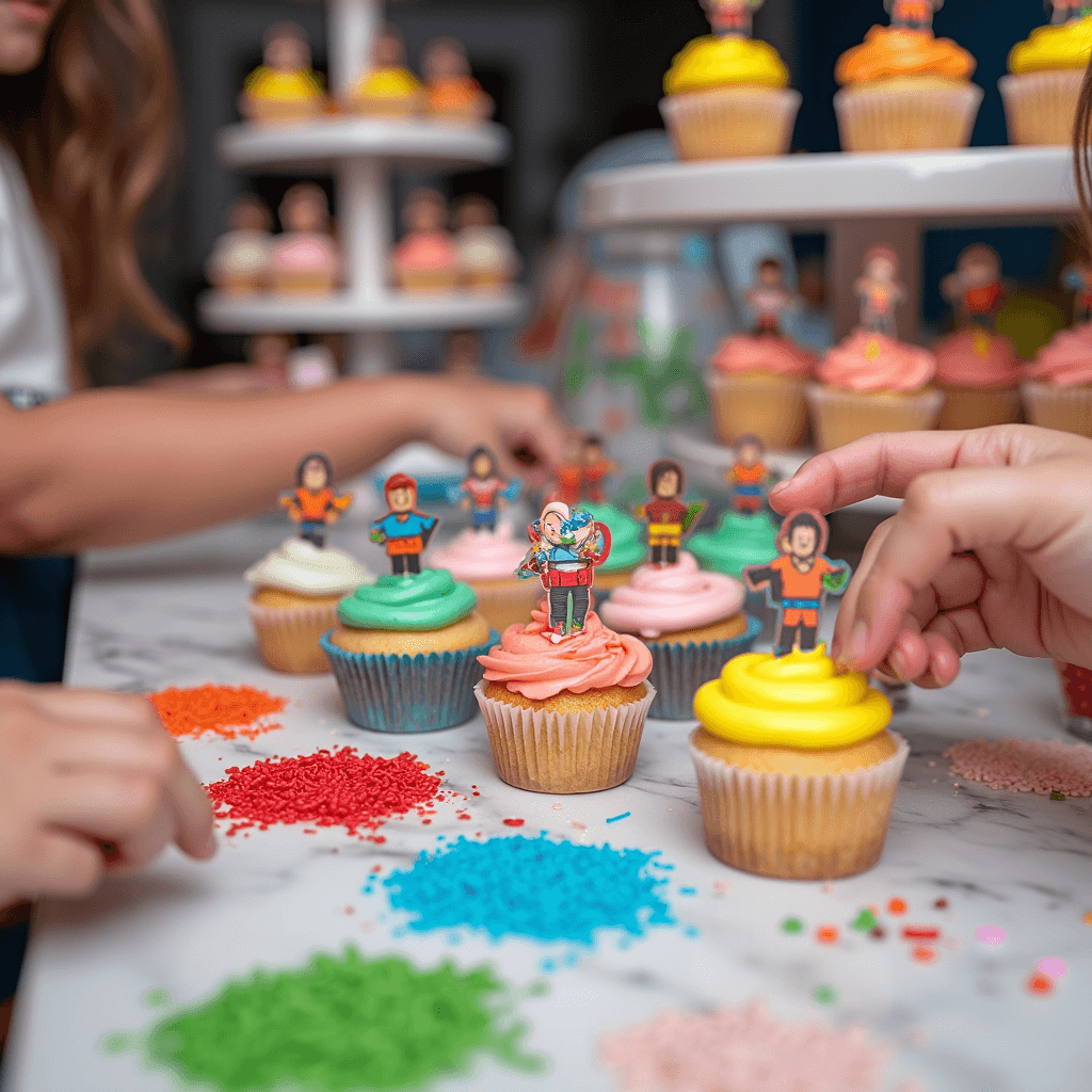 A close-up of a cupcake decorating station at a Roblox birthday party, featuring colorful icing, sprinkles, and themed toppers on a marble countertop, with small hands reaching for decorating tools and pixelated cupcakes on tiered stands. Soft lighting highlights the vibrant details against a blurred backdrop of primary-colored decorations.