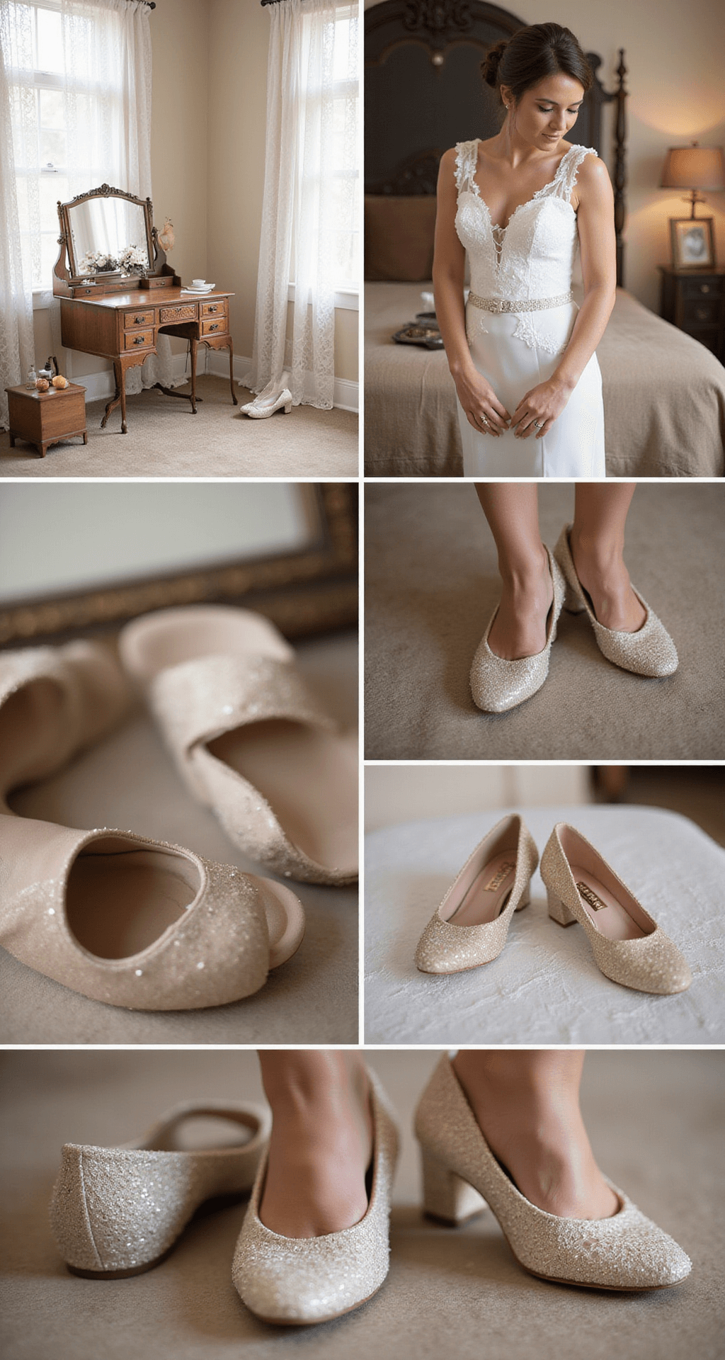 A cozy vintage-inspired bedroom with natural daylight filtering through lace curtains, showcasing a collection of LifeStride wedding shoes on an antique vanity. A bridesmaid tries on champagne-colored block heels, with close-up details highlighting cushioning systems and classic styling in soft, editorial-style photography.