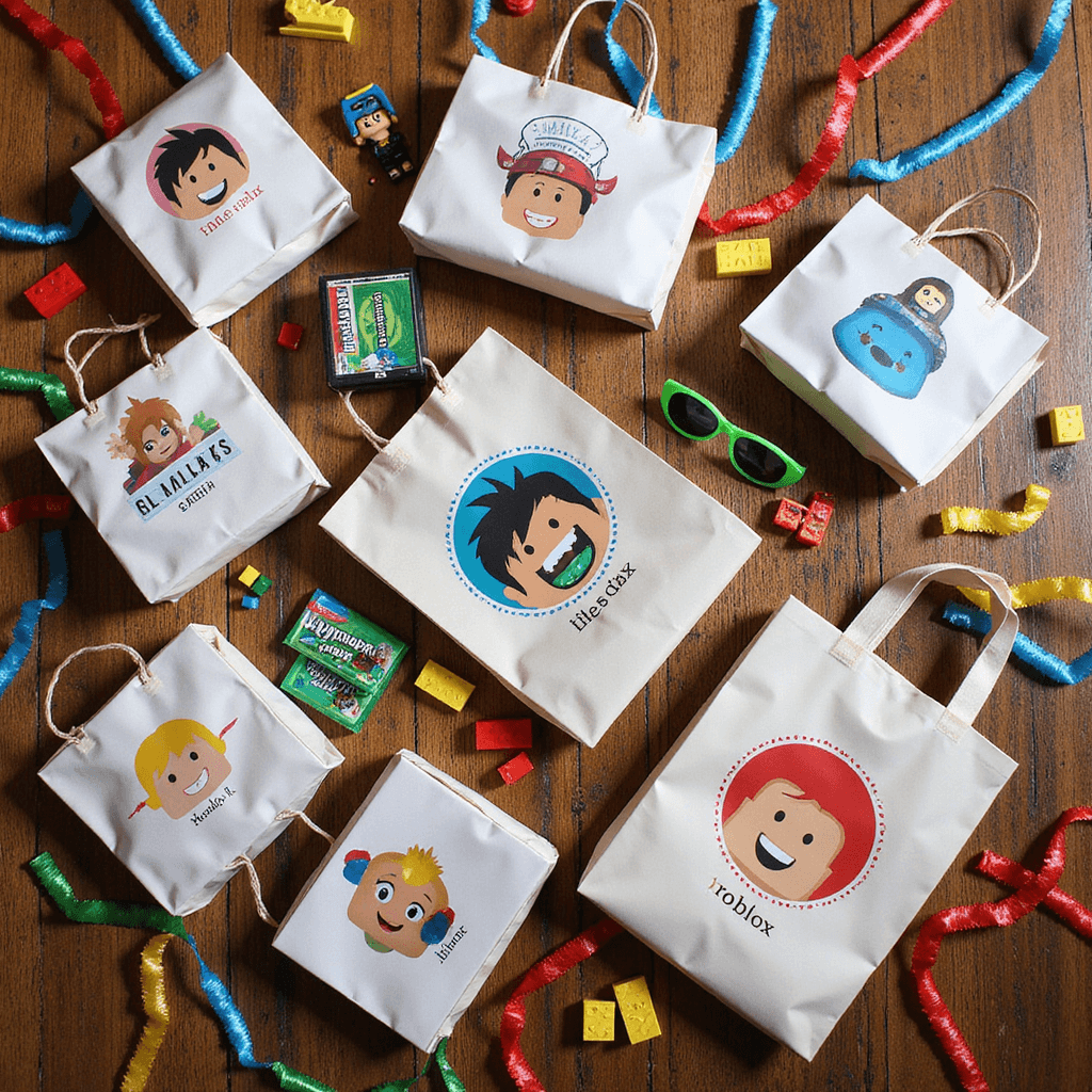 An overhead view of a rustic wood table filled with personalized Roblox party favor bags featuring various characters, overflowing with pixel sunglasses, character figurines, and colorful candy blocks, surrounded by DIY printable Roblox bucks, small building block sets, and bordered by vibrant streamers.