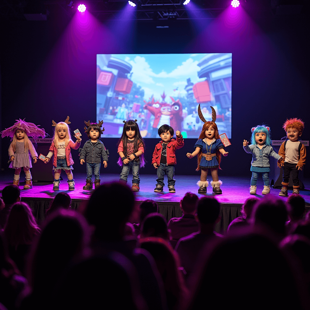 A dramatic low-angle shot of children in elaborate Roblox character costumes on a stage at a birthday party, with a large screen showcasing Roblox game scenes behind them. Moody lighting with neon accents highlights the costumes, while judges' tables with themed scorecards are on the sides. Excited party guests cheer in the foreground, slightly blurred to emphasize the contestants.