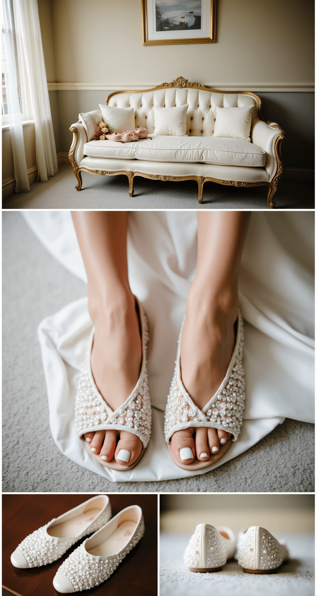 An intimate boudoir scene bathed in soft morning light showcases a collection of bridal flats adorned with pearls and lace on a vintage French settee. A bride in a silk getting-ready robe wears one pair, while macro shots highlight the delicate crystal details, enhancing the romantic ambiance.