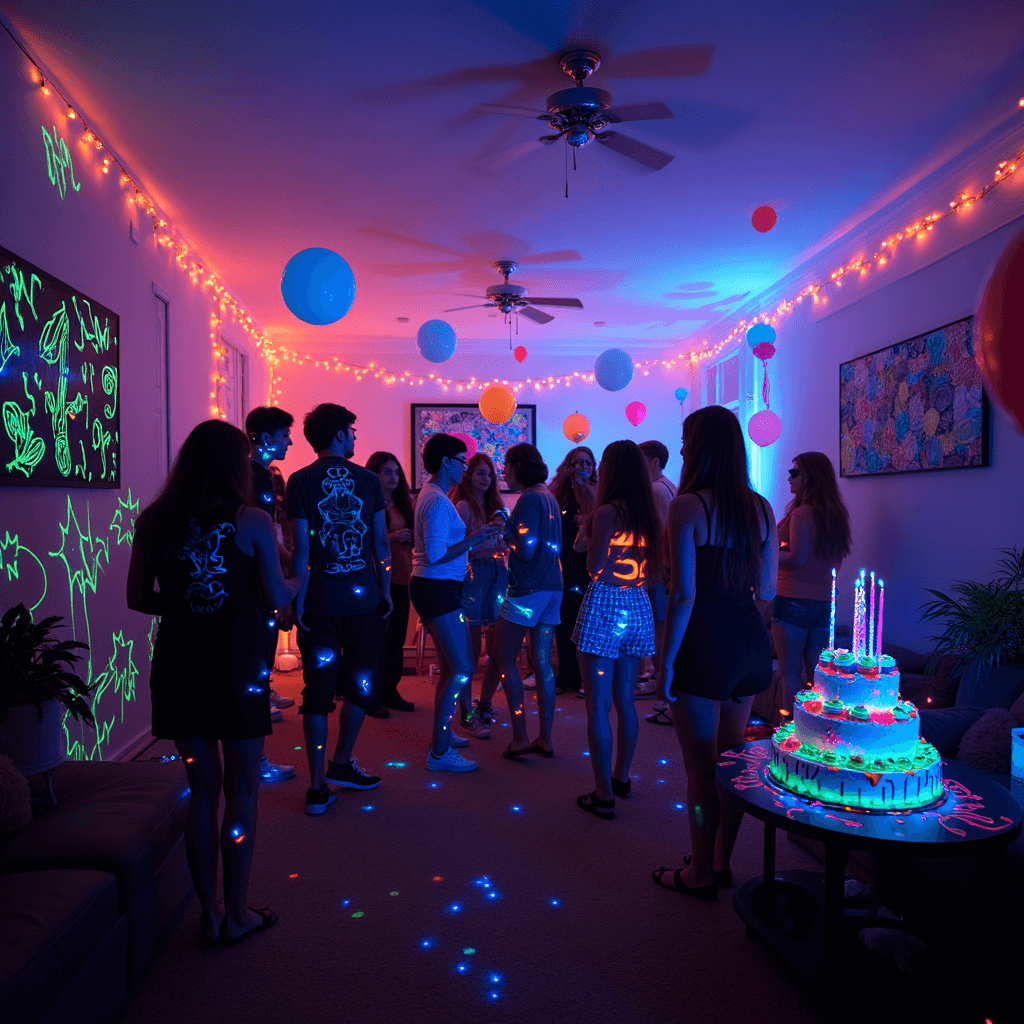A lively glow-in-the-dark teen birthday party in a darkened living room, featuring blacklight-illuminated neon decorations, dancing teens with glow sticks, a DIY photo booth with a neon graffiti backdrop, glowing body paint, fairy lights, and a dessert table with glowing cupcakes and a tiered cake with LED candles. Teen Birthday Party