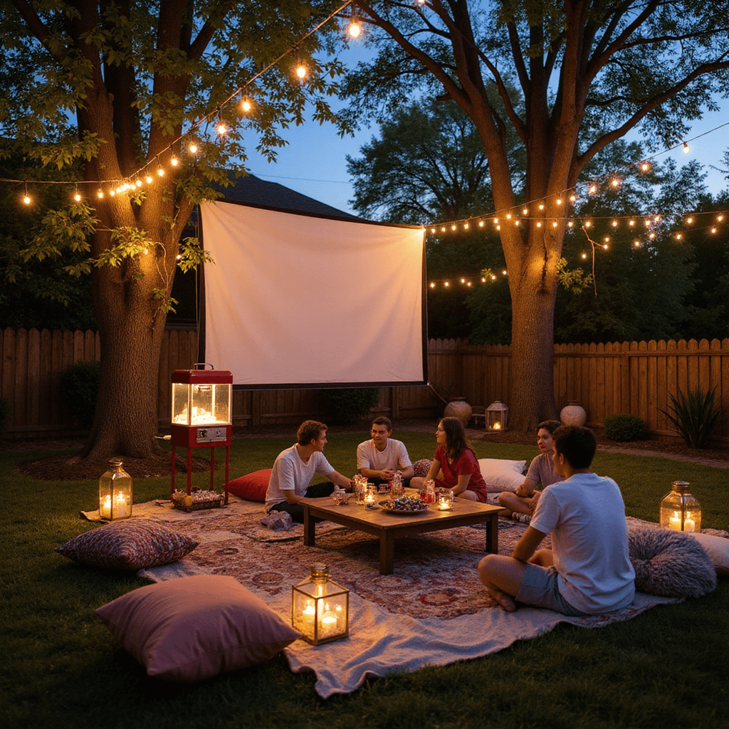 An outdoor movie night setup for a teen's birthday, featuring a white screen lit by sunset, surrounded by fairy lights, cozy blankets, and oversized pillows on the grass, with teens lounging on cushions, a vintage popcorn machine, and a candy bar amidst lanterns and floating candles, all under twinkling string lights in the twilight sky.