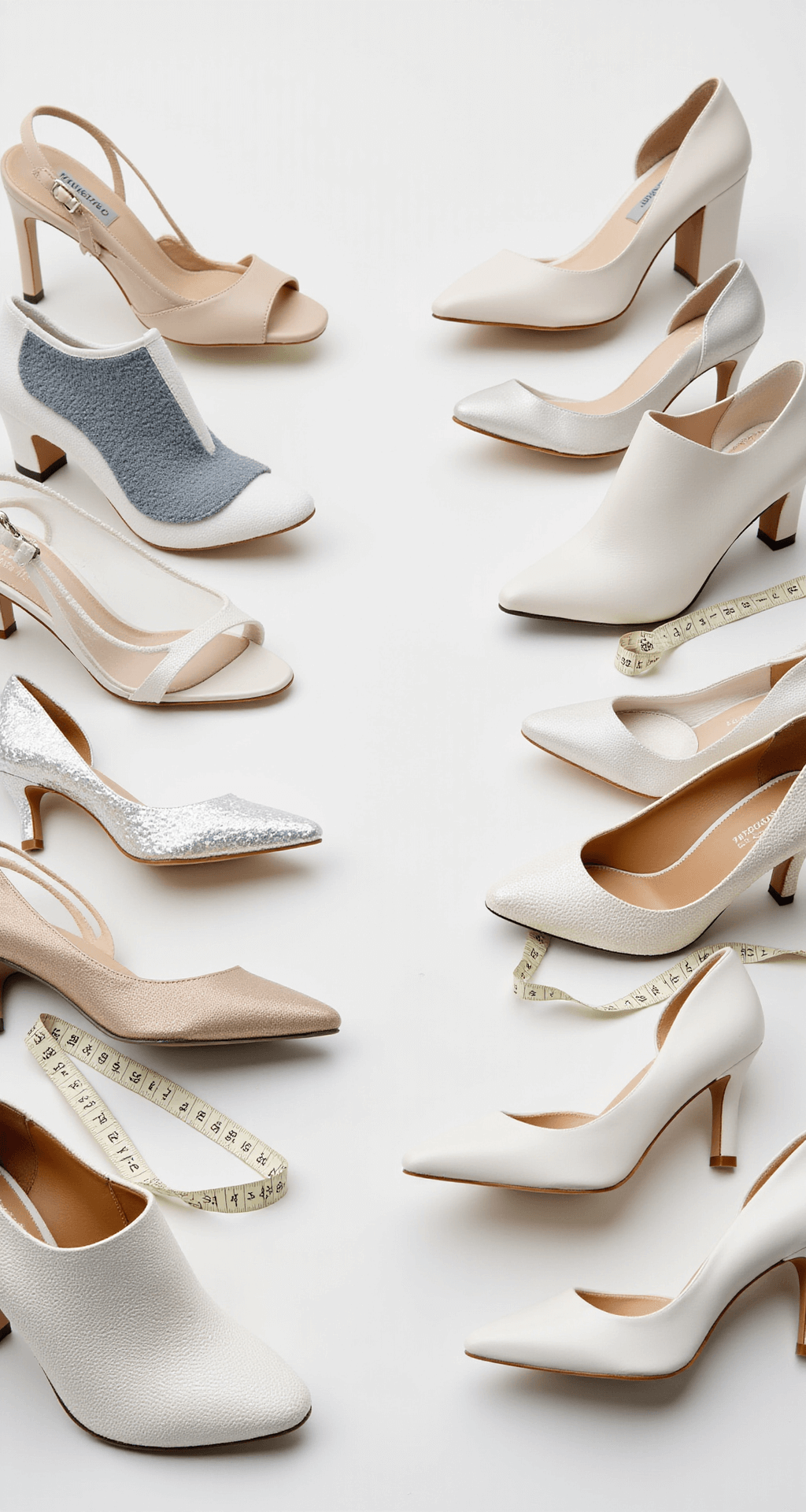 Flat-lay of wedding shoe comfort features on a seamless white background, showcasing cushioned insoles, arch support structures, and flexible soles, arranged with measuring tape and size guides for context.