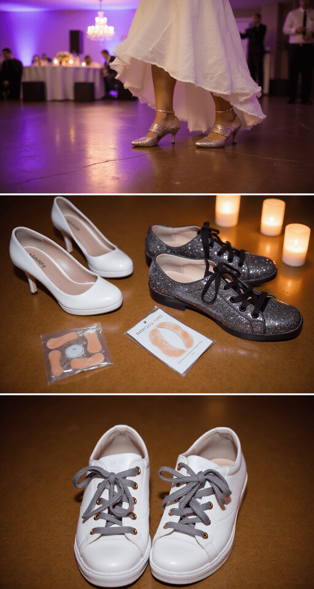 A split-frame composition shows a bride transitioning from elegant heels to decorated comfortable sneakers during magic hour at a reception venue, with ambient lighting from string lights and candles creating a warm glow. The joyful moment includes candid elements like blister patches and comfort accessories artfully arranged nearby.