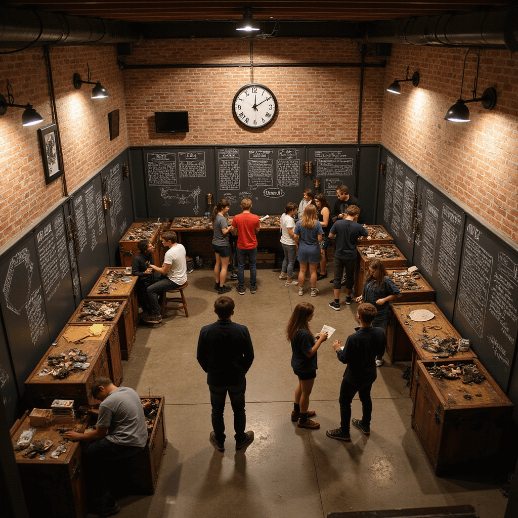 A high-energy DIY escape room for a teen’s birthday in a converted garage, featuring industrial-style decor, teams of teens decoding clues on chalkboard walls, searching vintage trunks, and solving puzzles under moody lighting with a giant countdown clock.