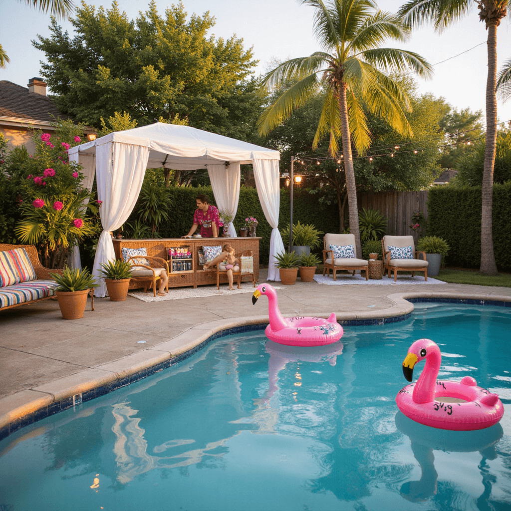 A vibrant poolside summer birthday party for teens during golden hour, featuring inflatable flamingos, a tropical fruit bar, and lounge areas with beach towels and rattan furniture, all illuminated by fairy lights and tiki torches, captured in warm, soft light.