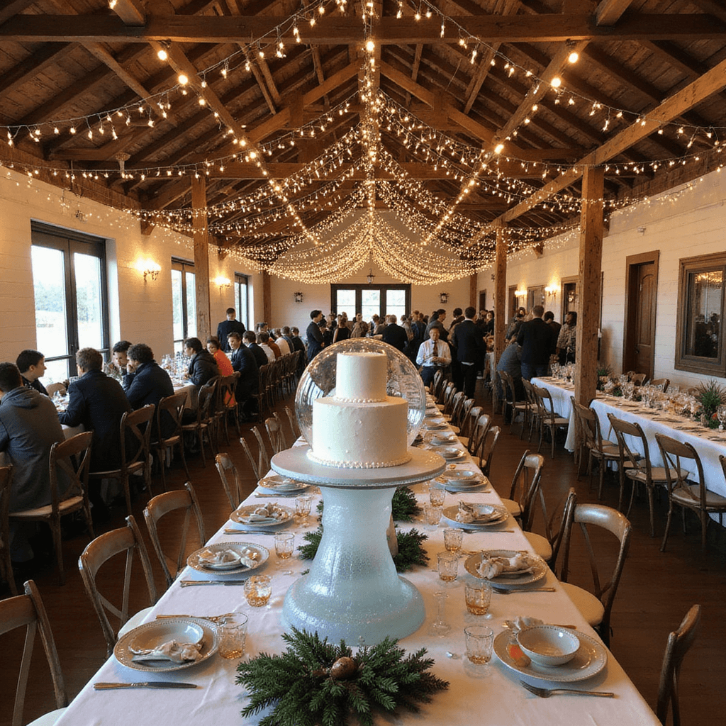 A rustic barn decorated for a winter wonderland sweet sixteen celebration, featuring twinkling icicle lights, frosted pine centerpieces, a hot chocolate bar with vintage mugs, and a giant snow globe photo op. A frost-covered cake on an ice sculpture pedestal is the centerpiece, with a festive crowd enjoying the magical atmosphere.