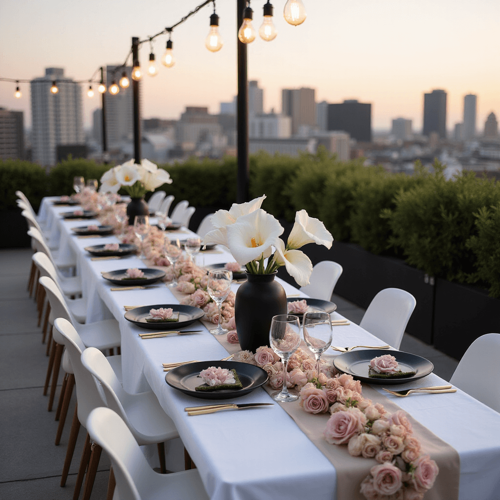 A minimalist rooftop terrace wedding at golden hour featuring a long table with a blush rose runner, sleek white chairs, and a city skyline backdrop, illuminated by Edison bulbs, with a table setting of matte black plates, gold cutlery, and a large white calla lily centerpiece in a modern black vase, captured from an elevated angle.